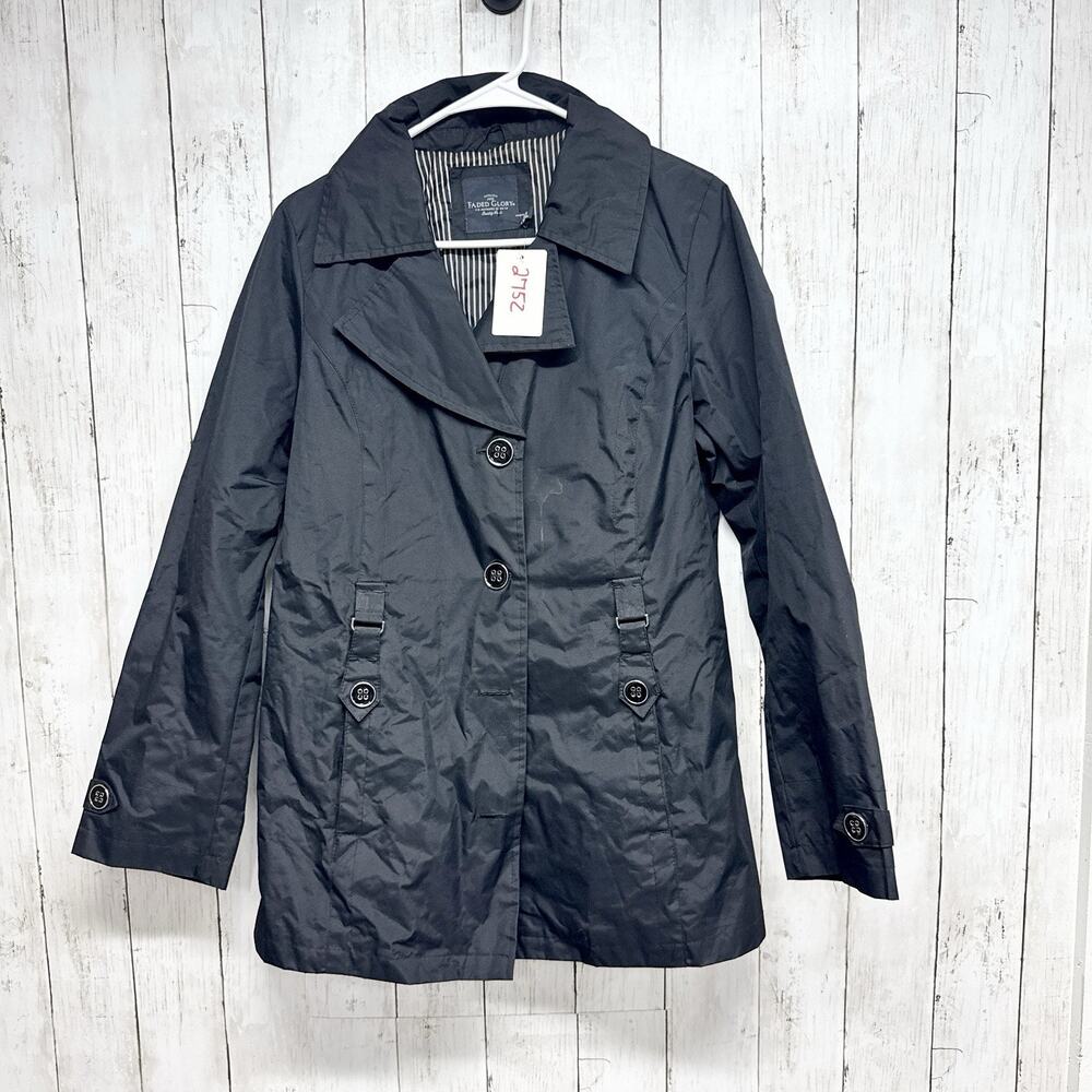 Faded Glory Jacket Women Sz Medium Black Collared Button Front Rain Trench Coat